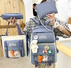 Kit mochila escolar 5 en 1 en lona resistente con bolso, bandolera y estuche. Ideal para estudio, trabajo y uso diario.
