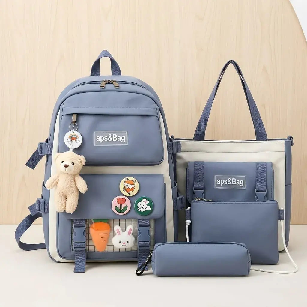 Kit mochila escolar 5 en 1 en lona resistente con bolso, bandolera y estuche. Ideal para estudio, trabajo y uso diario.
