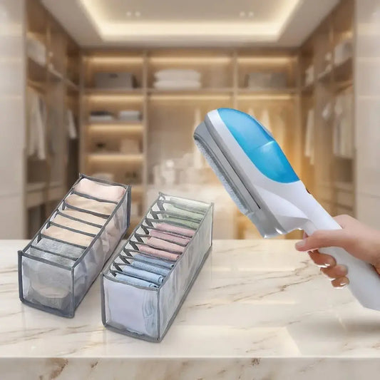 Kit con organizadores plegables de nailon para ropa interior y plancha de vapor portátil Tobi 220V, ideal para ordenar y eliminar arrugas rápido.