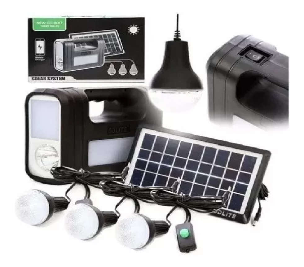 Kit panel solar portátil con 3 bombillos LED, batería recargable y USB ideal para hogar, camping y emergencias.