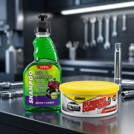 Kit automotriz con shampoo con cera autobrillante y crema pulidora rubbing, ideal para limpiar, proteger y dar brillo a la pintura del carro.