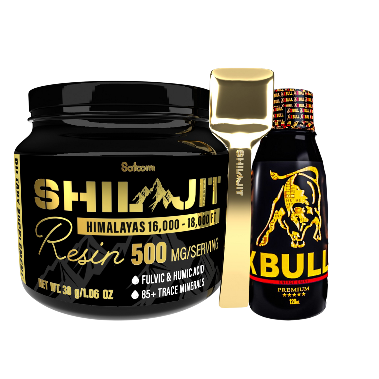 Kit Shilajit Satoomi con X Bull Jarabe 120 mL. Combo para adultos con ingredientes de origen natural, enfocado en energía, vitalidad y bienestar general.