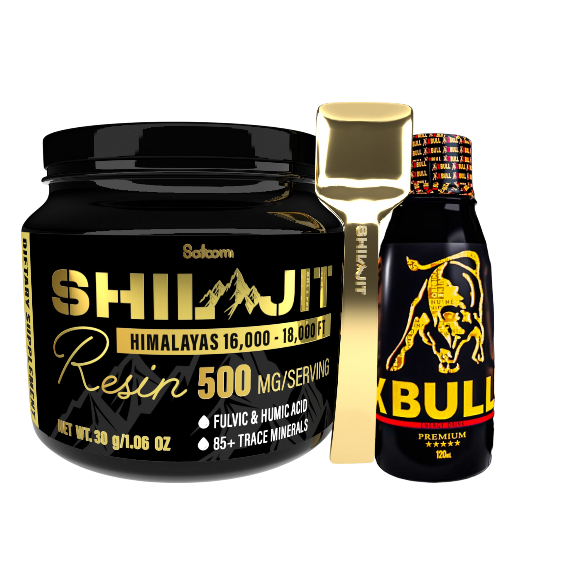 Kit Shilajit Satoomi con X Bull Jarabe 120 mL. Combo para adultos con ingredientes de origen natural, enfocado en energía, vitalidad y bienestar general.