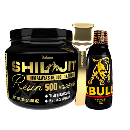 Kit Shilajit Satoomi con X Bull Jarabe 120 mL. Combo para adultos con ingredientes de origen natural, enfocado en energía, vitalidad y bienestar general.