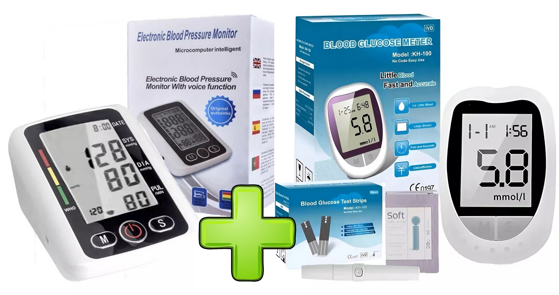 Kit tensiómetro con voz y glucómetro digital para medir presión y glucosa fácil desde casa.