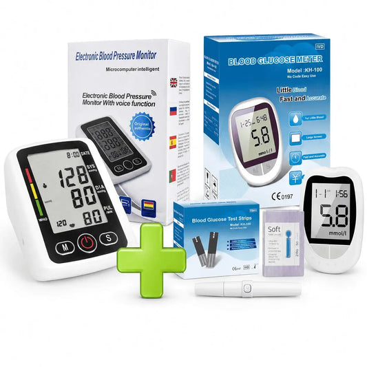Kit tensiómetro con voz y glucómetro digital para medir presión y glucosa fácil desde casa.