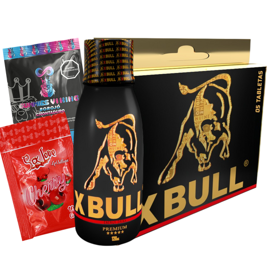 Kit X Bull con jarabe 120 mL, 5 tabletas, sachet Cherry y Gummies Viking. Combo promocional para adultos enfocado en energía, vitalidad y bienestar general.
