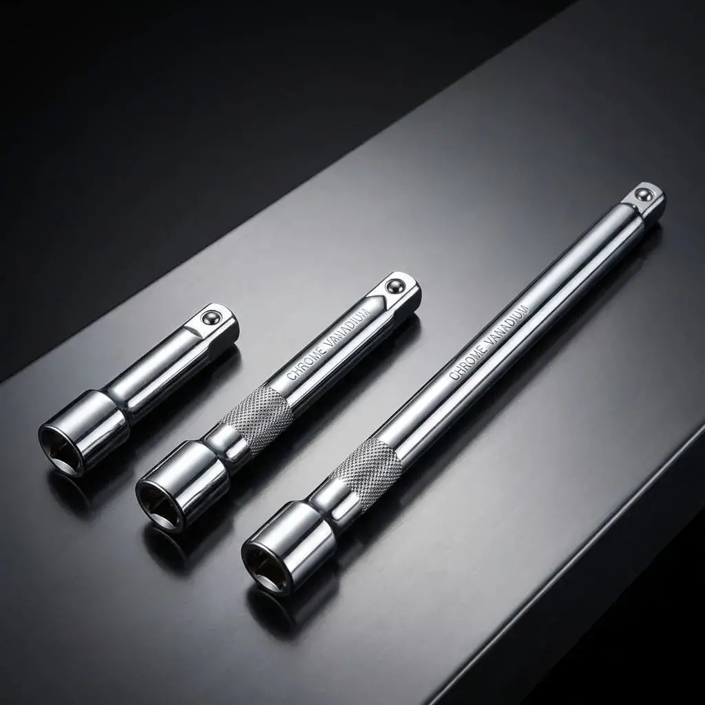 Juego de 3 extensiones rectas para rache 1/2" en acero cromo vanadio. Medidas 3", 5" y 10". Resistentes y con acabado cromado.