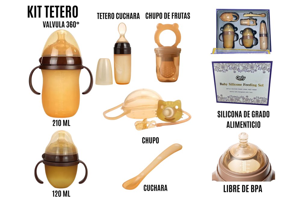 Kit de alimentación para bebé en silicona libre de BPA con biberones, cuchara y accesorios. Ideal para destete, primeros alimentos y desarrollo de autonomía.
