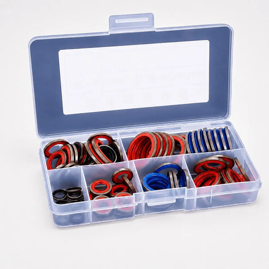 Kit de arandelas sellantes metálicas en diferentes tamaños con caja organizadora, ideal para trabajos automotrices, hidráulicos, mecánicos e industriales.