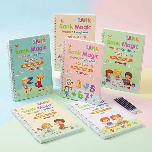 Kit de caligrafía infantil con 4 cuadernos en inglés de matemáticas, números, alfabeto y dibujo, bolígrafo, agarre y 10 minas borrables.