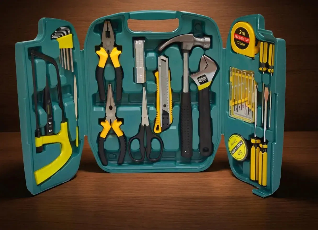 Kit de Herramientas 27 Piezas con estuche compacto. Set resistente en hierro maleable para hogar, carro, mantenimiento básico y reparaciones cotidianas.
