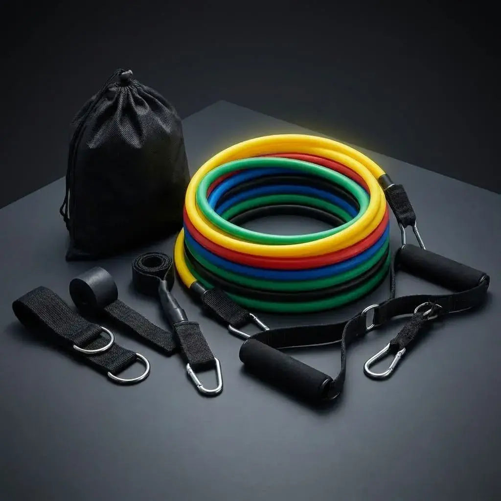 kit de bandas de resistencia 11 piezas con 5 niveles de tensión, agarres, anclaje para puerta y accesorios para entrenamiento en casa o gimnasio.