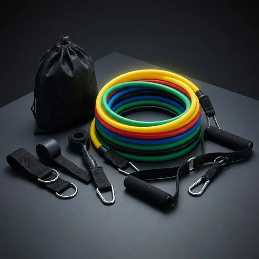 kit de bandas de resistencia 11 piezas con 5 niveles de tensión, agarres, anclaje para puerta y accesorios para entrenamiento en casa o gimnasio.