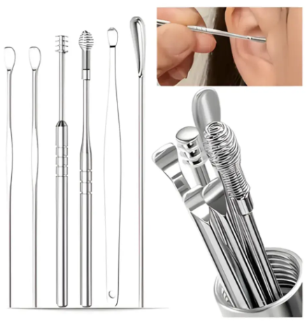 Kit limpia oídos de 6 piezas reutilizable en acero inoxidable. Higiene auditiva práctica, precisa y fácil de usar en casa.
