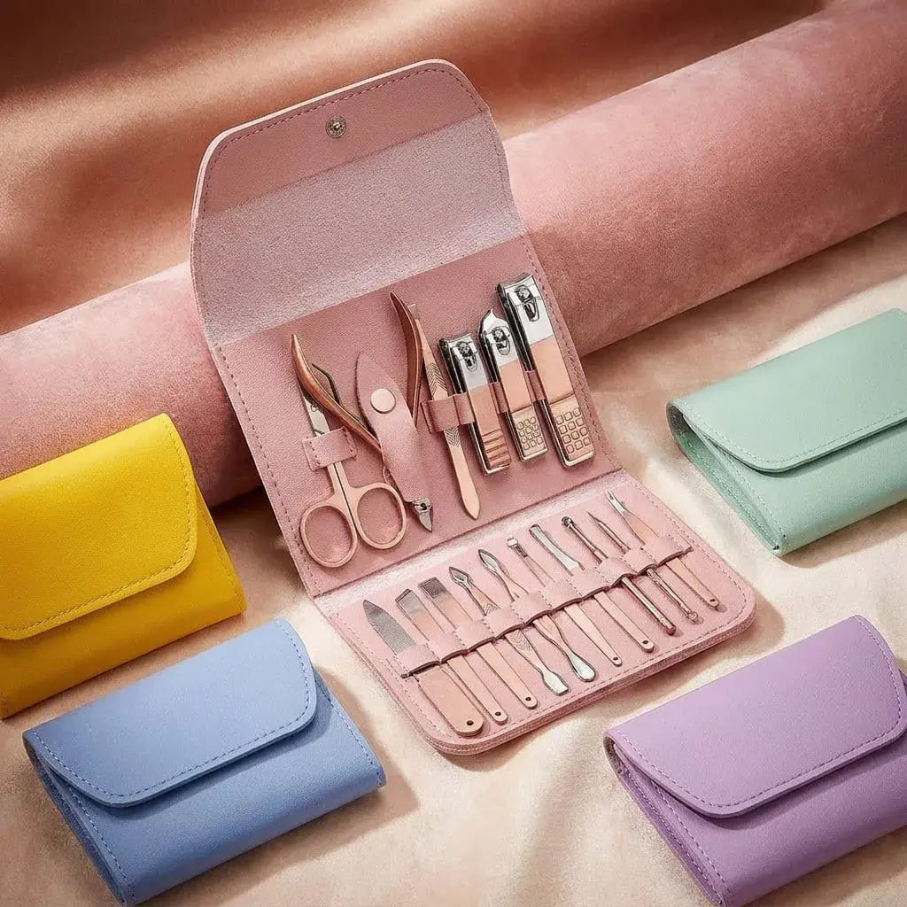 Kit de manicure y pedicure 16 piezas en acero inoxidable con estuche portátil. Ideal para cuidado de uñas, manos, pies y rostro en casa o viajes.