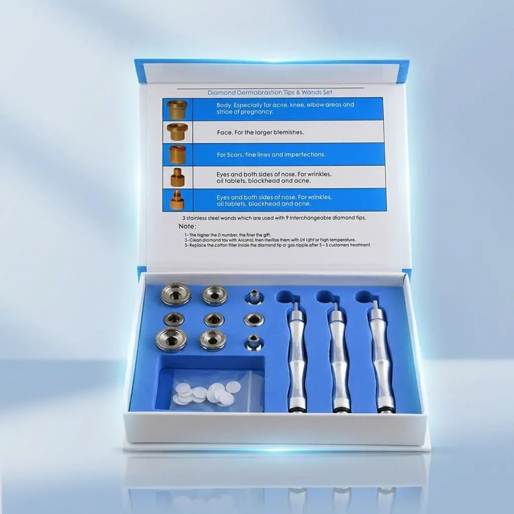 Kit de microdermoabrasión facial con 9 puntas de diamante, varitas y filtros. Ideal para exfoliación estética, limpieza facial y cuidado de la piel.