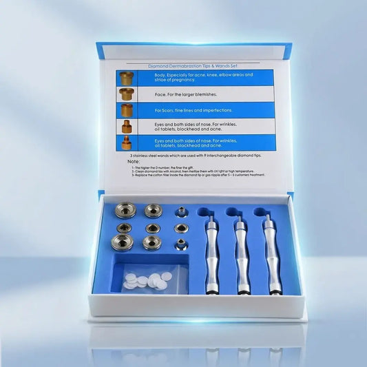Kit de microdermoabrasión facial con 9 puntas de diamante, varitas y filtros. Ideal para exfoliación estética, limpieza facial y cuidado de la piel.