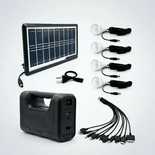 Kit panel solar portátil recargable con 4 bombillos LED, batería integrada, linterna y salida USB. Ideal para fincas, campamentos y cortes de luz.