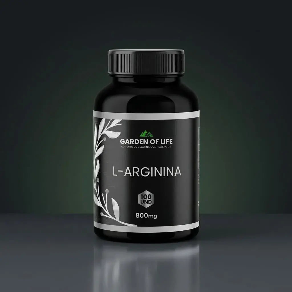 L-Arginina en cápsulas, frasco oscuro de 360 cc con termosellado de seguridad. Complemento para circulación, rendimiento físico, energía y vitalidad masculina.