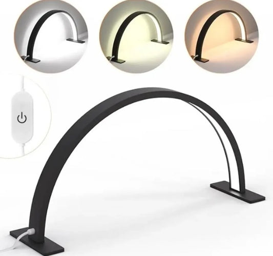 Lámpara LED en arco con 3 tonos de luz, control táctil y conexión USB ideal para hogar u oficina.