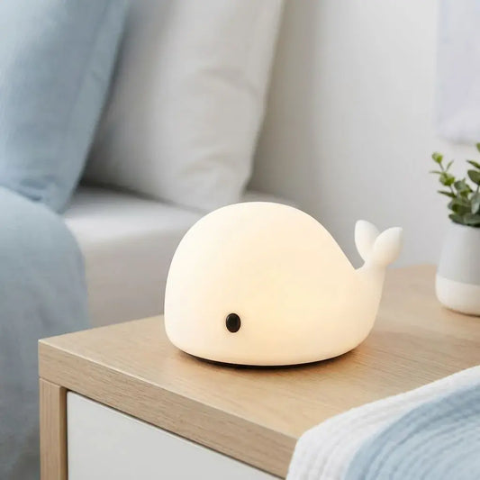 Lámpara LED decorativa en forma de ballena con luz suave. Ideal como luz nocturna infantil y decoración para ambientes relajantes.