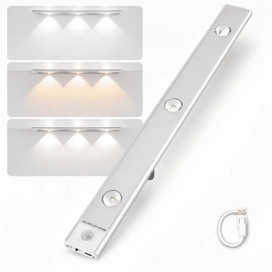Lámpara LED recargable con sensor de movimiento, tres tonos de luz, brillo regulable e instalación magnética para closets, pasillos y gabinetes.