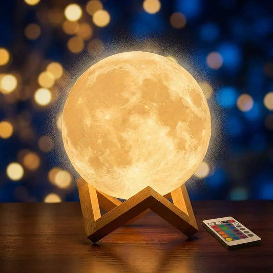 Lámpara luna 3D de 15 cm con 16 colores LED, recargable por USB y base de madera. Ideal para decoración y luz ambiental en el hogar.