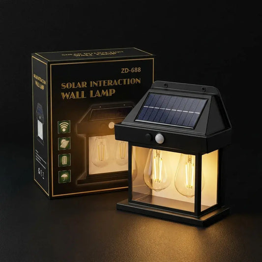 Lámpara solar LED exterior IP65 con sensor de movimiento PIR, encendido automático nocturno y panel solar para patio, jardín, garaje, pared o cerca.