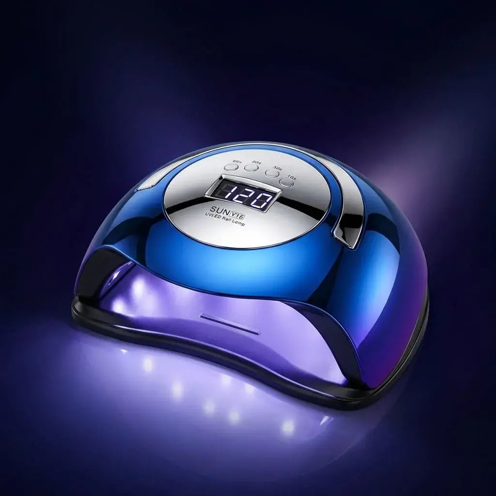Lámpara UV LED 120W para uñas acrílicas y gel con sensor automático y pantalla LCD. Secado rápido y uniforme para manicura profesional.