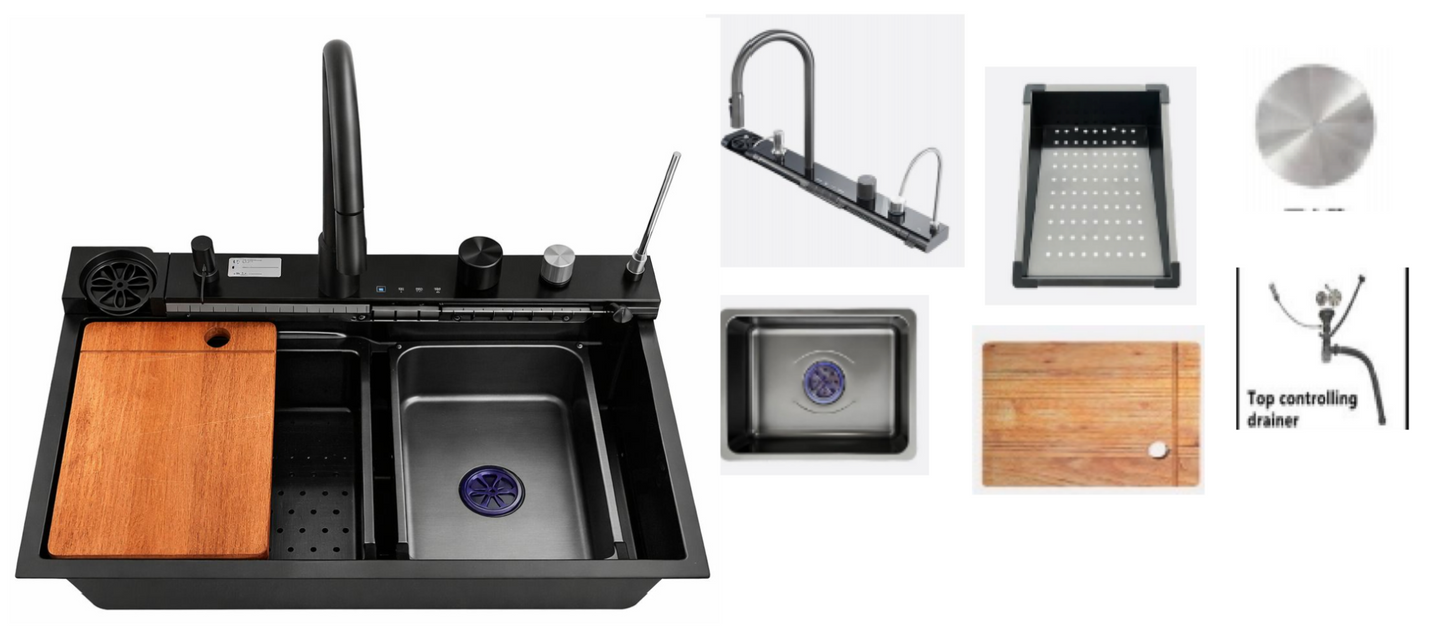 Lavaplatos multifuncional FC7 Nano Black en acero inoxidable con grifo, dispensador, colador y tabla. Diseño tipo estación de trabajo para cocina moderna.