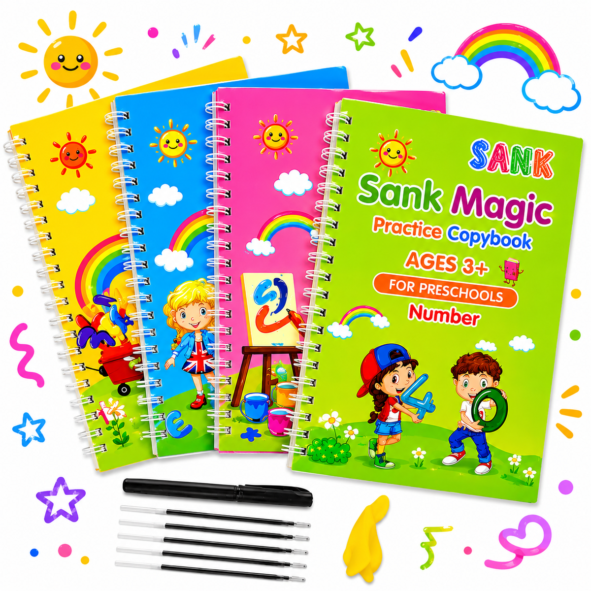 Kit Libro Mágico Montessori con 4 cuadernos reutilizables: alfabeto, números, matemáticas y dibujo. Practica escritura una y otra vez, mejora la motricidad fina. Para niños desde 3 años.