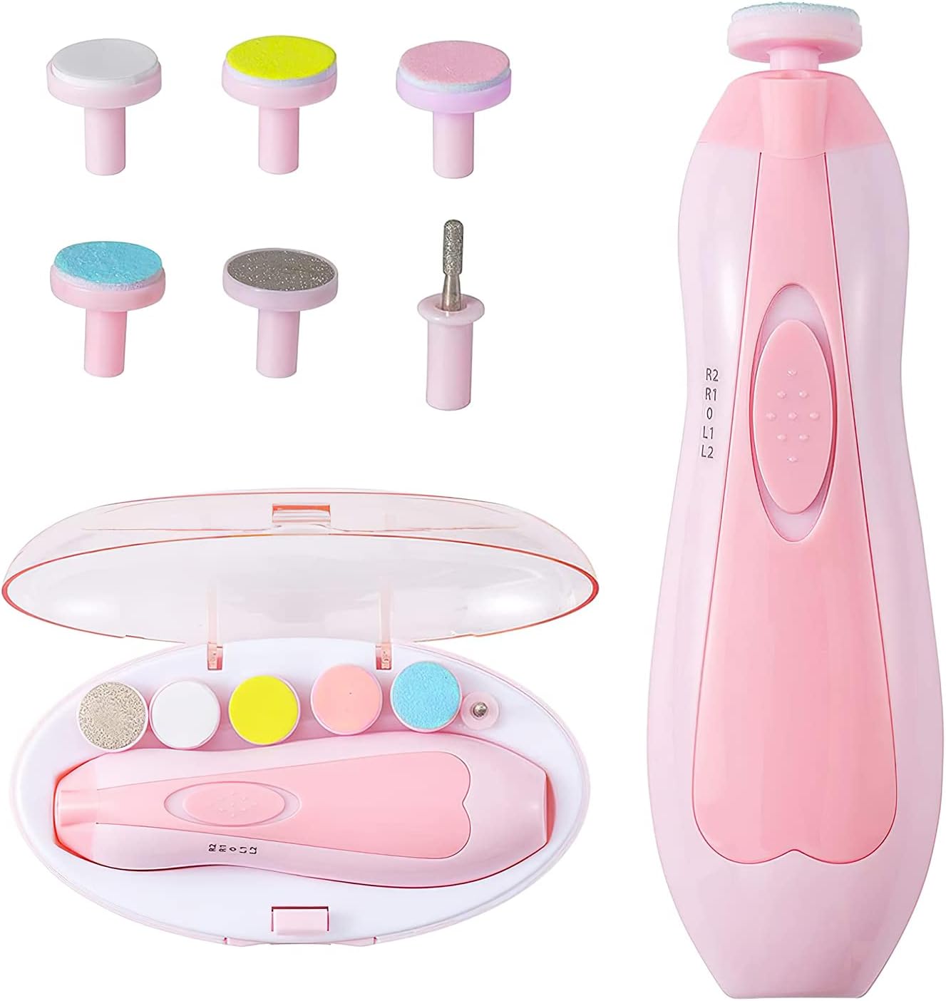 Lima de uñas eléctrica para bebé con 5 cabezales y sistema seguro de pulido. Ideal para cortar y suavizar uñas sin riesgo.