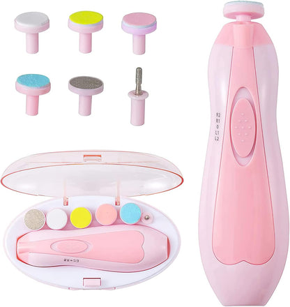 Lima de uñas eléctrica para bebé con 5 cabezales y sistema seguro de pulido. Ideal para cortar y suavizar uñas sin riesgo.
