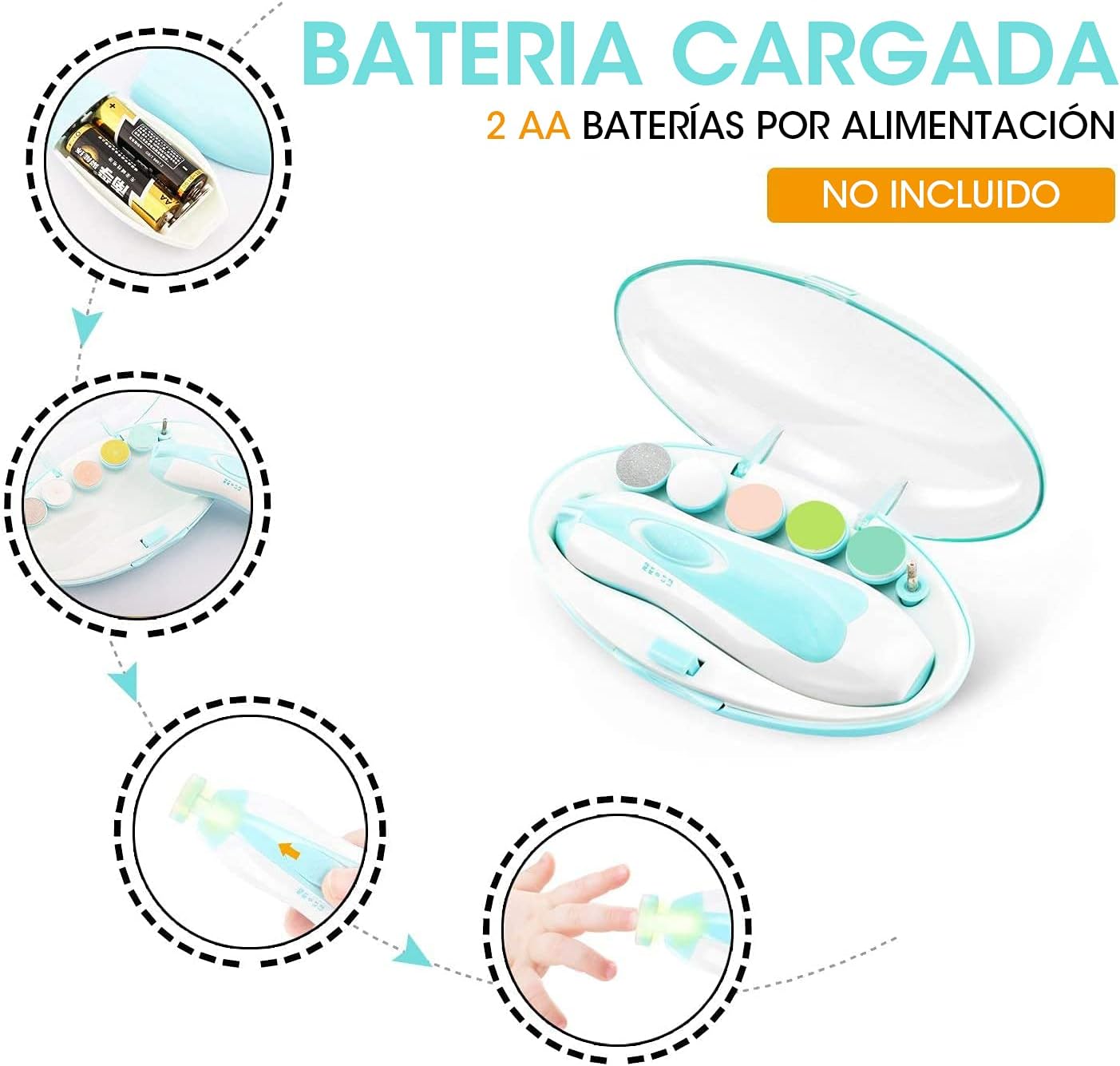 Lima de uñas eléctrica para bebé con 5 cabezales y sistema seguro de pulido. Ideal para cortar y suavizar uñas sin riesgo.