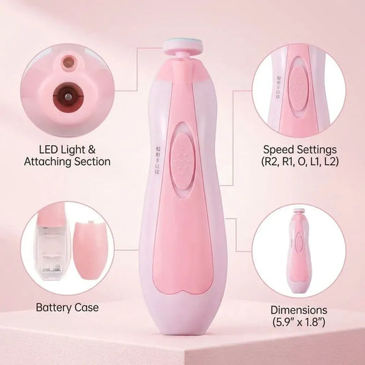 Lima de uñas eléctrica para bebé con 5 cabezales y sistema seguro de pulido. Ideal para cortar y suavizar uñas sin riesgo.