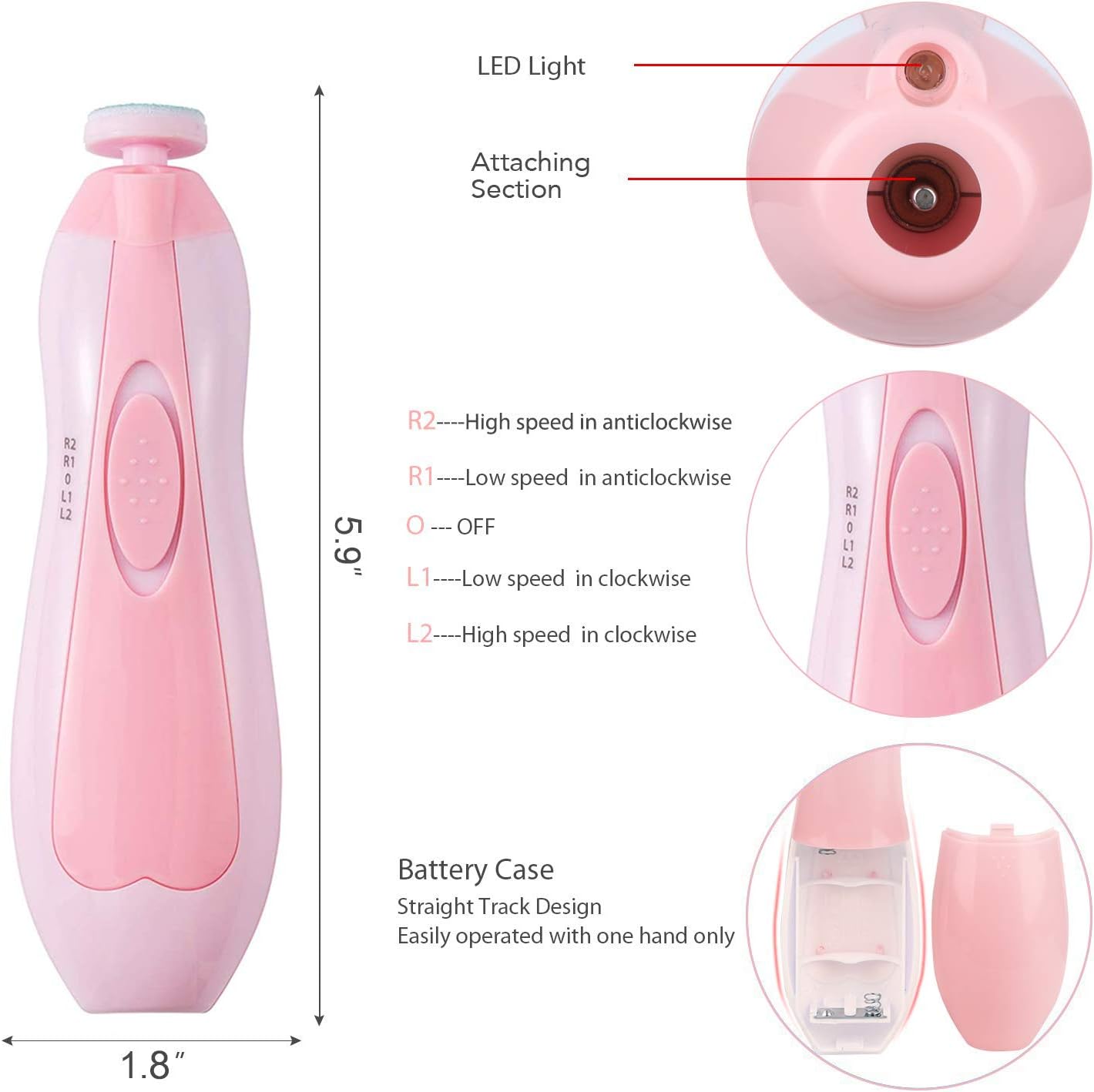 Lima de uñas eléctrica para bebé con 5 cabezales y sistema seguro de pulido. Ideal para cortar y suavizar uñas sin riesgo.