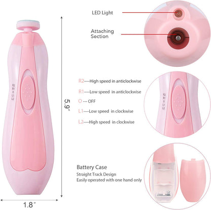 Lima de uñas eléctrica para bebé con 5 cabezales y sistema seguro de pulido. Ideal para cortar y suavizar uñas sin riesgo.