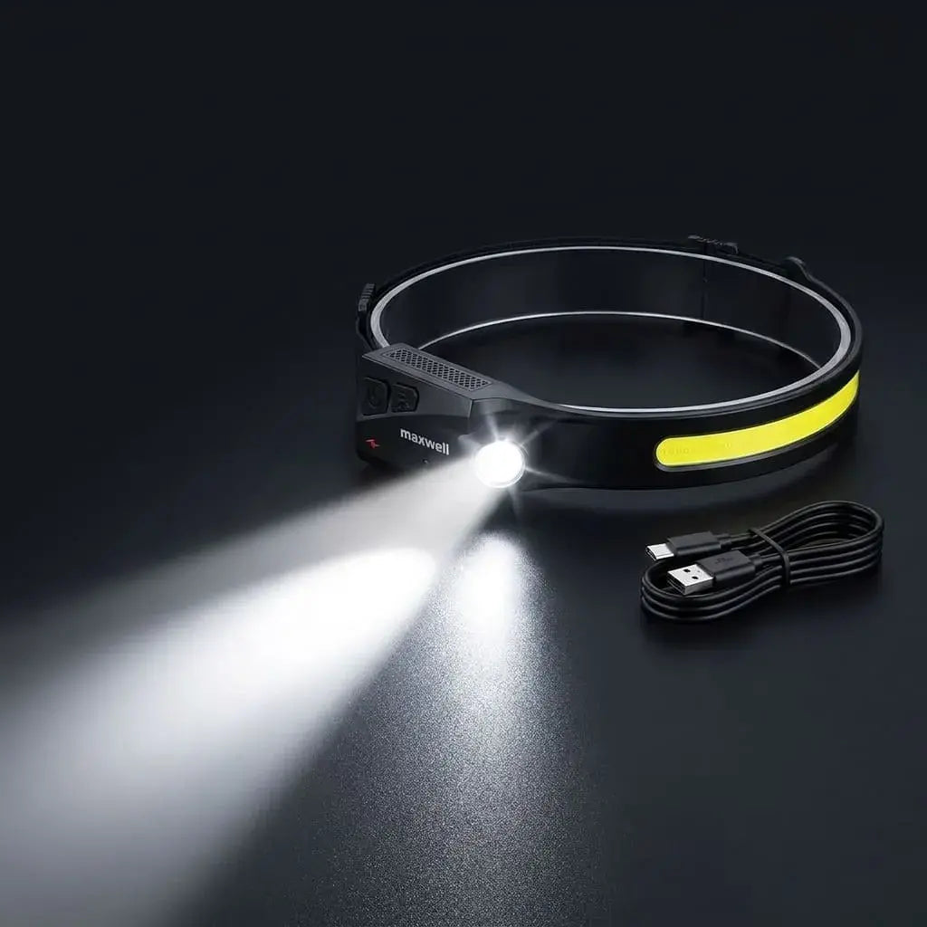 Linterna Frontal LED Recargable con Sensor de Movimiento, luz COB y XPE, 5 modos, IPX4, ángulo de 230° y diseño ajustable para camping, trabajo y emergencias.
