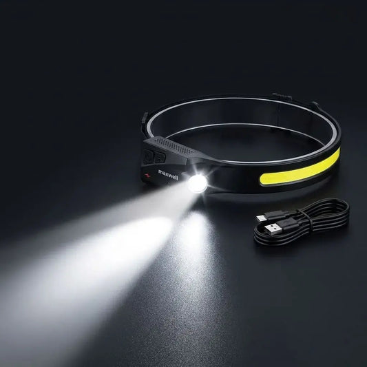 Linterna Frontal LED Recargable con Sensor de Movimiento, luz COB y XPE, 5 modos, IPX4, ángulo de 230° y diseño ajustable para camping, trabajo y emergencias.