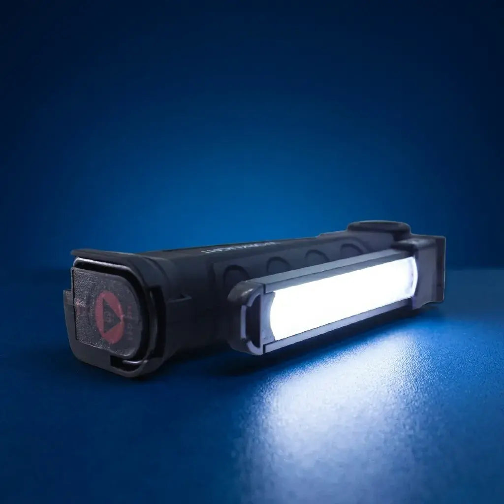 Linterna LED COB plegable 360° con luz blanca y roja, ideal para camping, emergencias, reparaciones, taller, garaje, vehículo y actividades al aire libre.