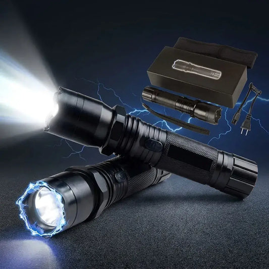 Linterna LED recargable portátil de alta potencia. Diseño resistente, carga fácil y luz potente ideal para uso nocturno y emergencias.