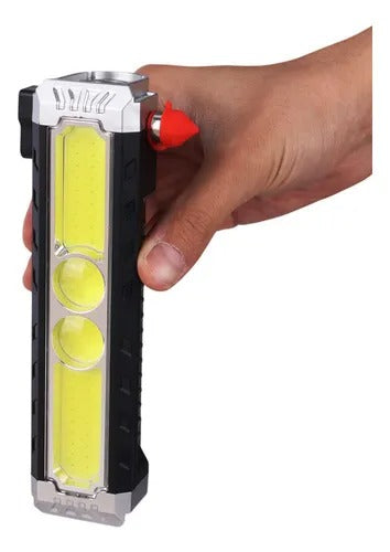 Linterna minera solar LED recargable GSH-9259-8 con carga USB Tipo C, panel solar, luz frontal, luz lateral blanca y roja, base magnética, gancho metálico y funciones de emergencia.