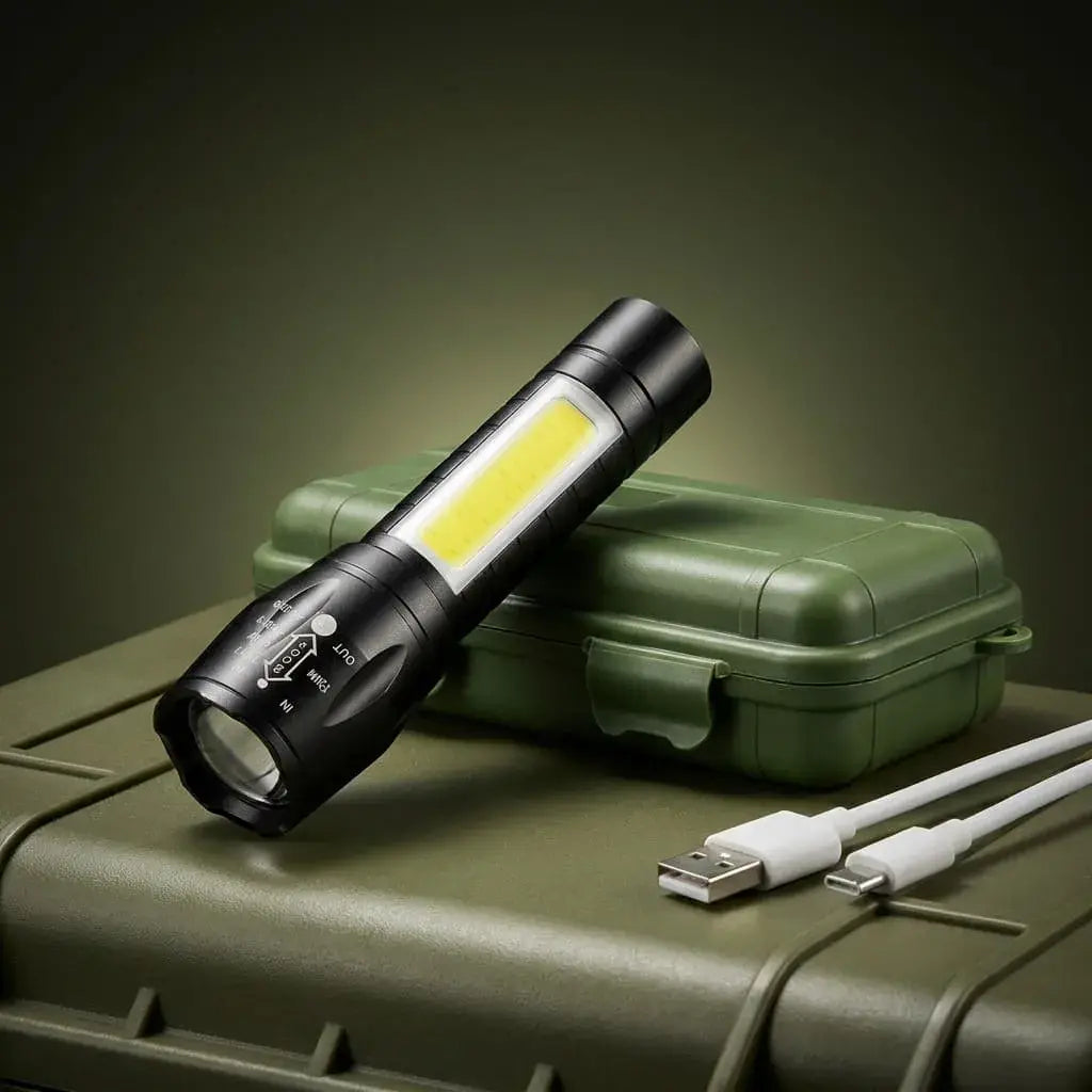 Linterna recargable con zoom ajustable, resistente al agua y de alta claridad, ideal para hogar, camping, vehículo, emergencias y actividades al aire libre.