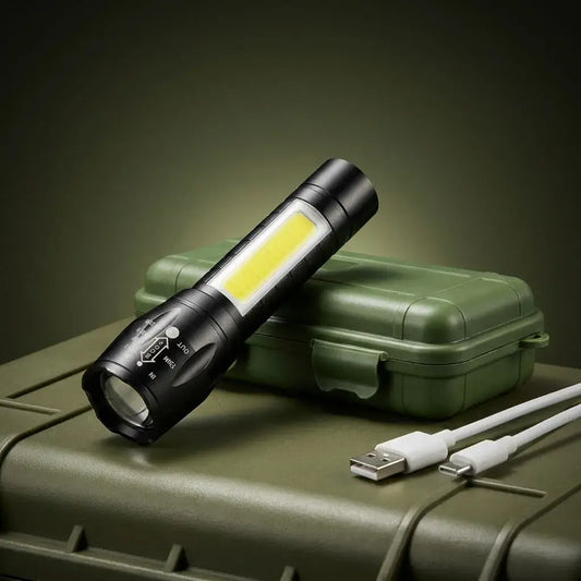 Linterna recargable con zoom ajustable, resistente al agua y de alta claridad, ideal para hogar, camping, vehículo, emergencias y actividades al aire libre.