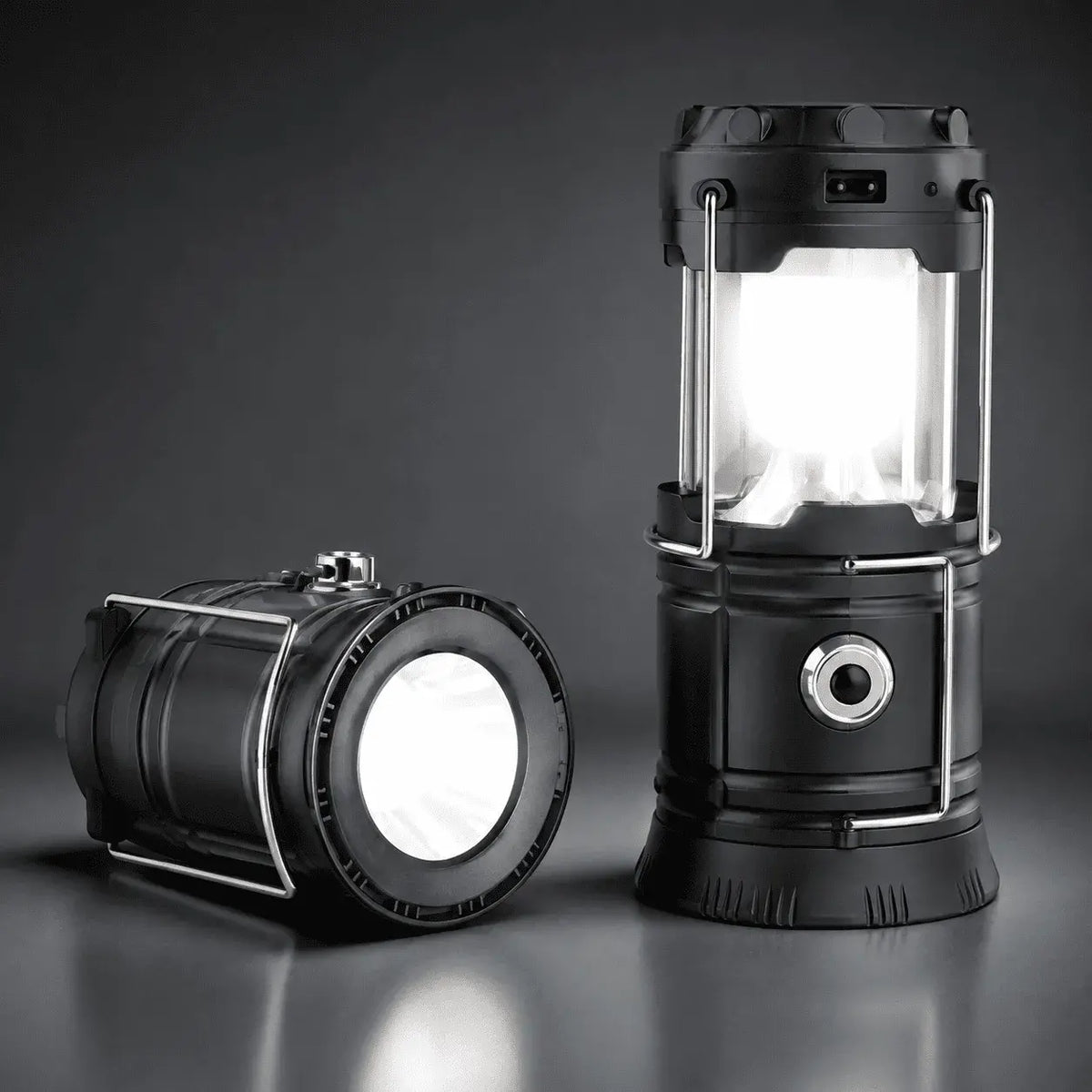 Linterna LED solar recargable 2 en 1 con función de lámpara y luz de mano, carga por cable, autonomía de hasta 8 horas y diseño portátil para camping y emergencias.