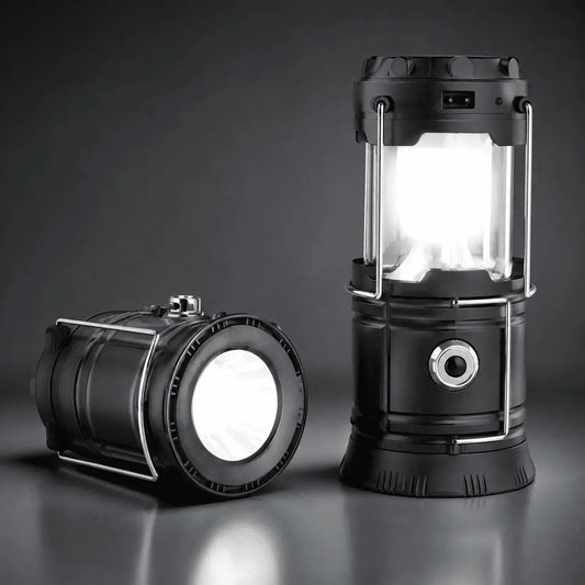 Linterna LED solar recargable 2 en 1 con función de lámpara y luz de mano, carga por cable, autonomía de hasta 8 horas y diseño portátil para camping y emergencias.