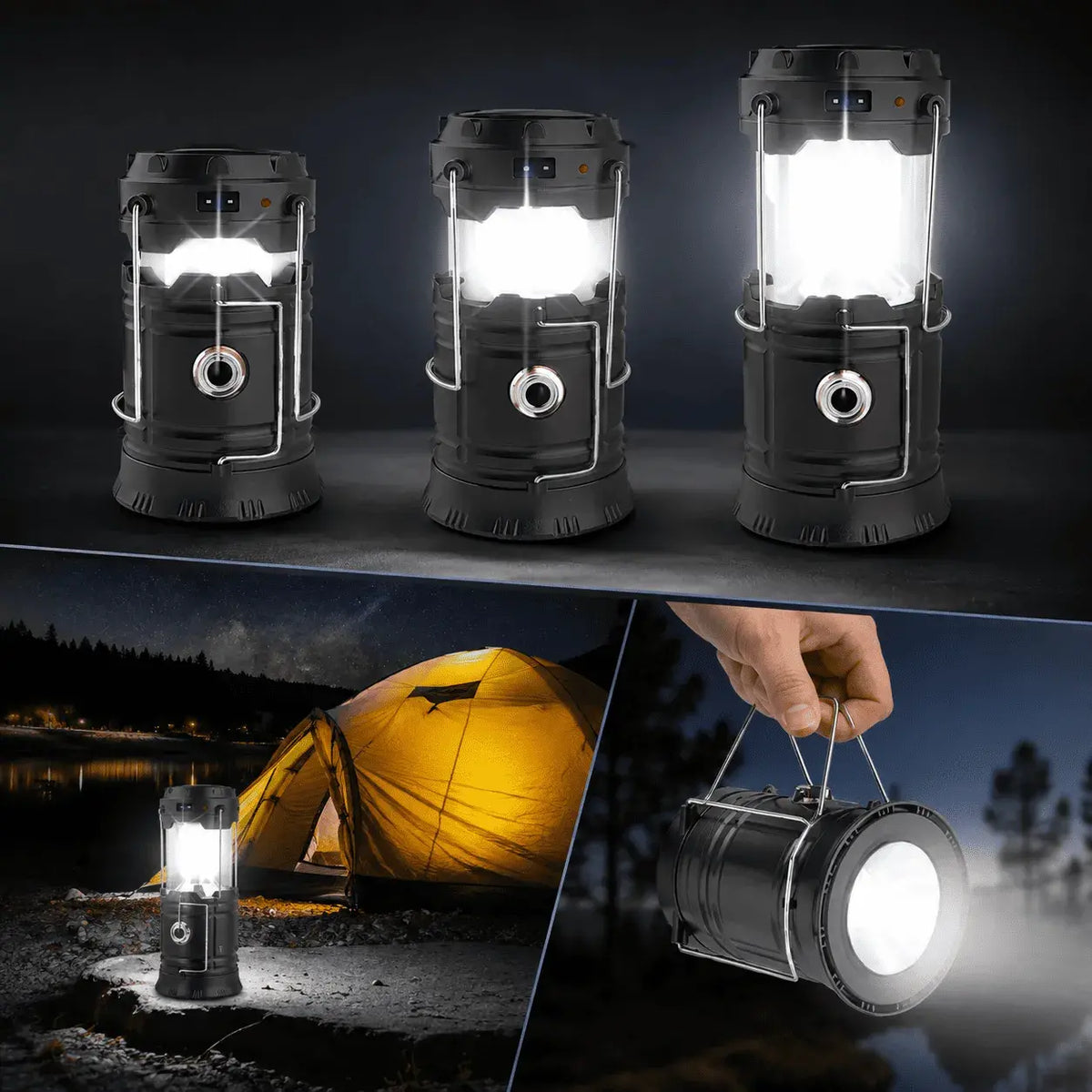 Linterna LED solar recargable 2 en 1 con función de lámpara y luz de mano, carga por cable, autonomía de hasta 8 horas y diseño portátil para camping y emergencias.