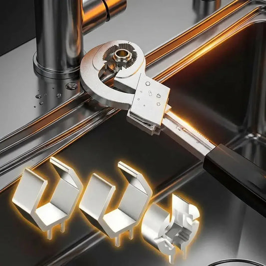 Llave multifuncional ajustable para desagües y plomería con apertura hasta 80 mm. Ideal para tuberías y espacios reducidos.