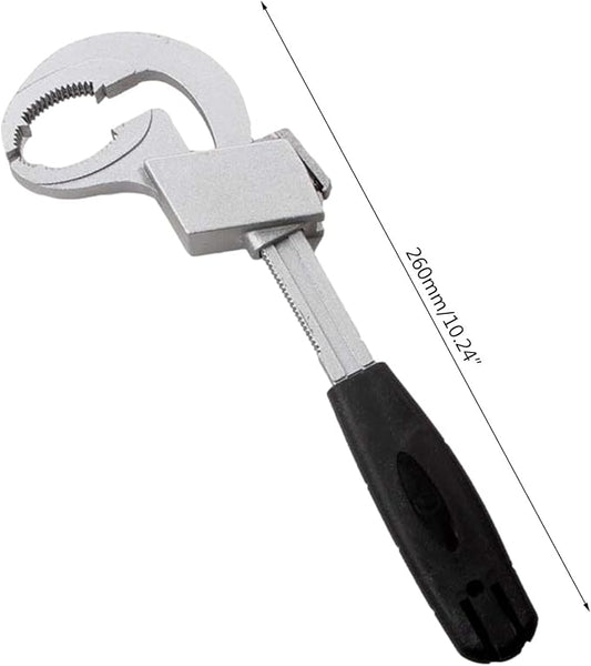 Llave ajustable doble cabeza en aluminio, ideal para plomería en espacios reducidos. Precisión, agarre firme y fácil uso en el hogar.